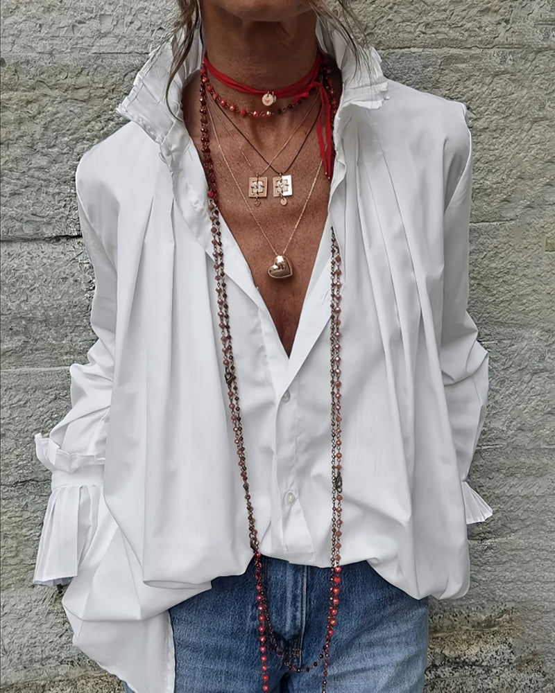 Pleated Lapel Solid Long Sleeve Shirt