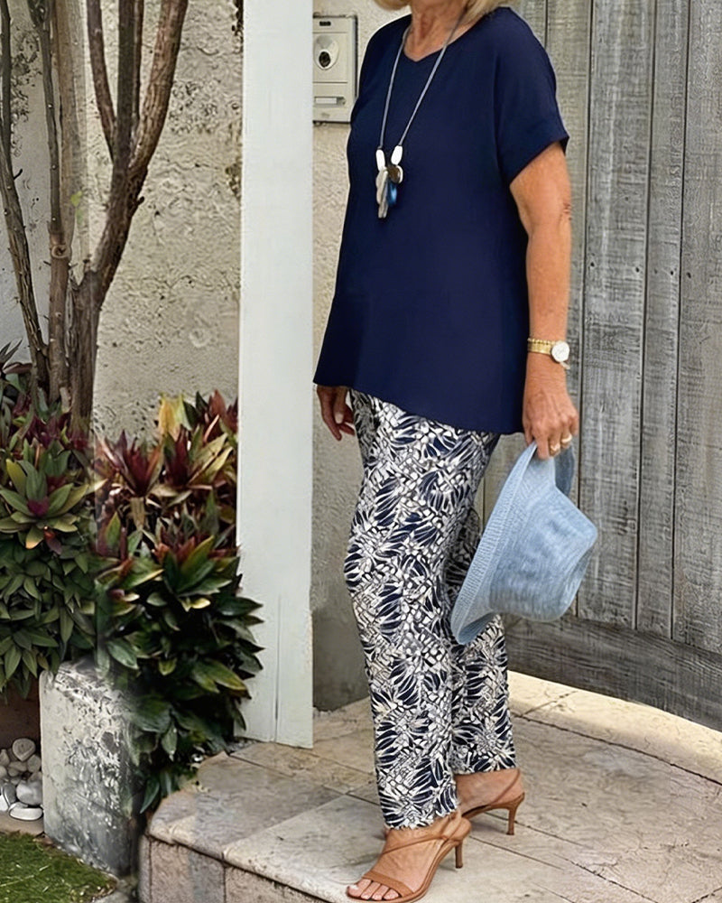 Solid Color Print Casual Set