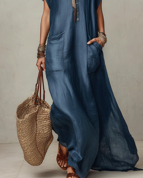 V-Neck Pocket Casual Dress