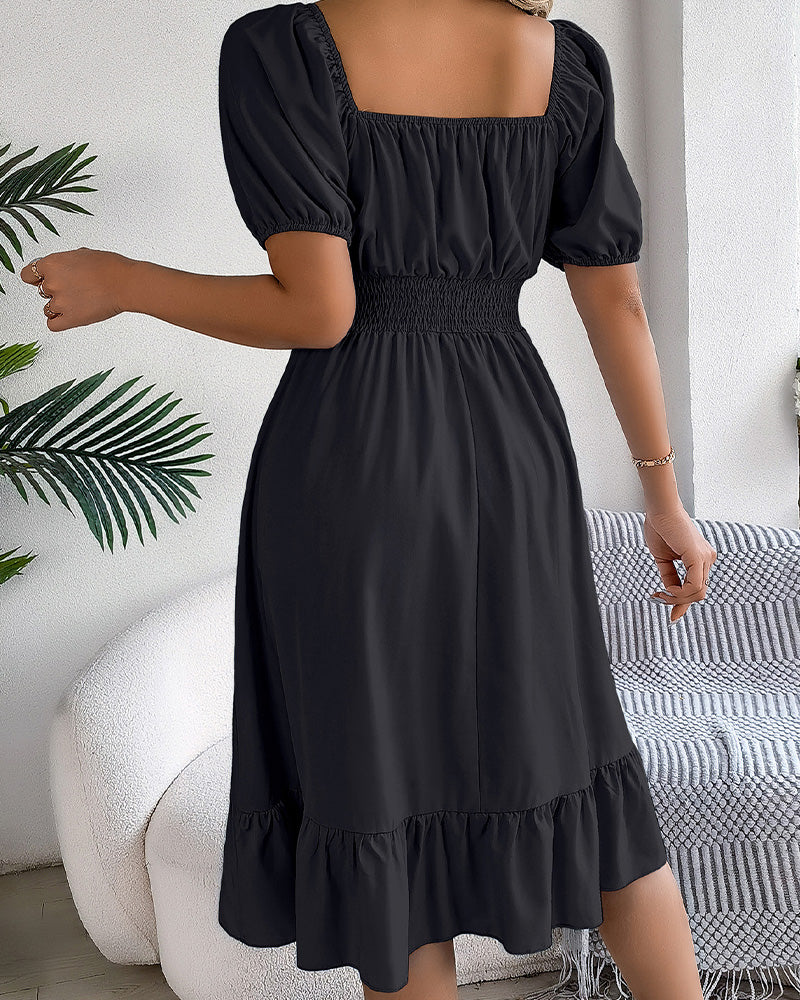 Square Neck Cinched Waist Ruffle A-Line Dress