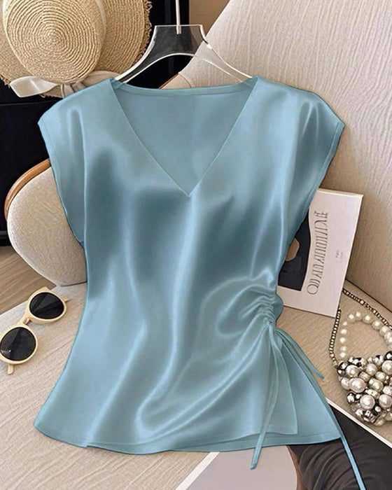 V-Neck Drawstring Sleeveless Blouse