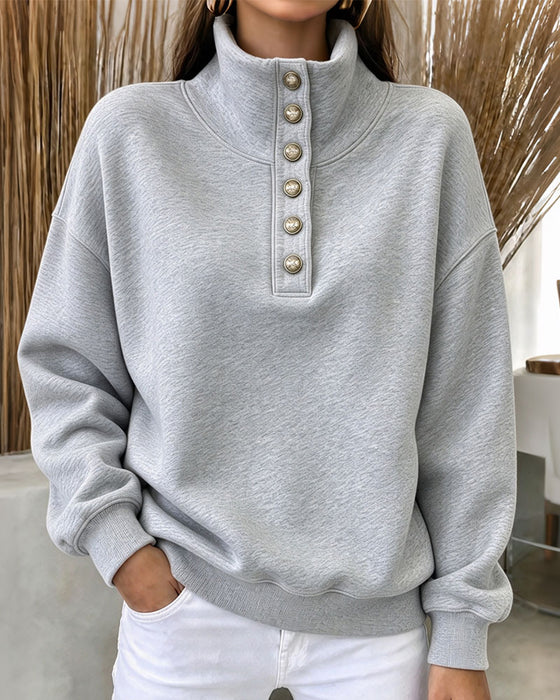 High Collar Buttoned Long Sleeve Sweatshirt