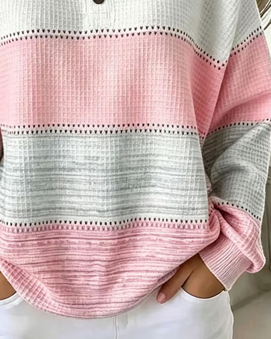 Color-Block Crew Neck Button Waffle Sweatshirt