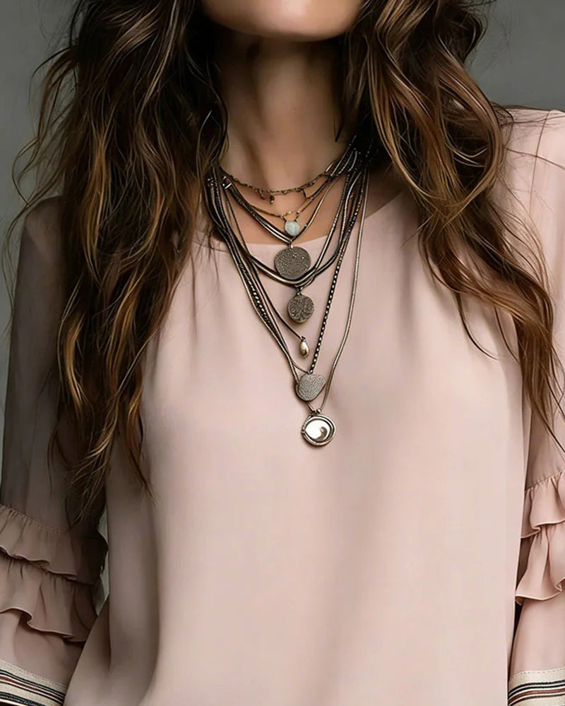Three-Layer Ruffled Three-Quarter Sleeve Blouse