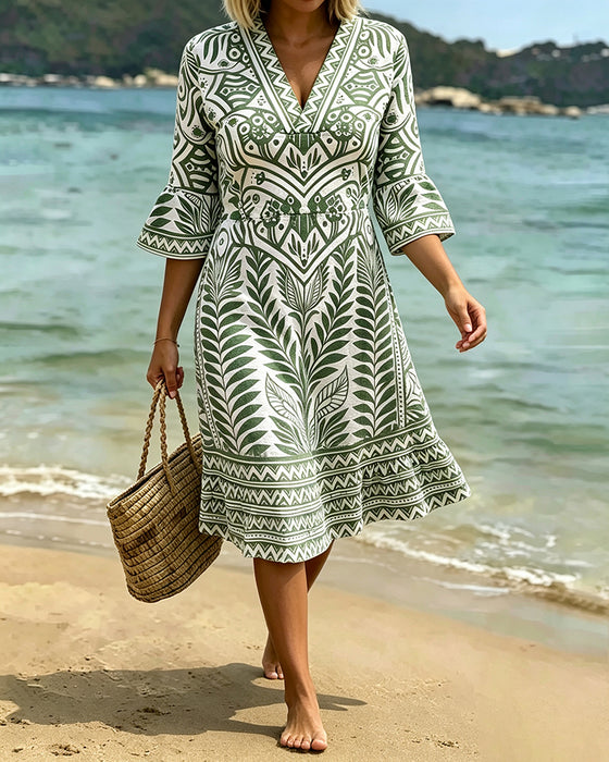 V-Neck Ruffle Sleeve Leaves Print Dress