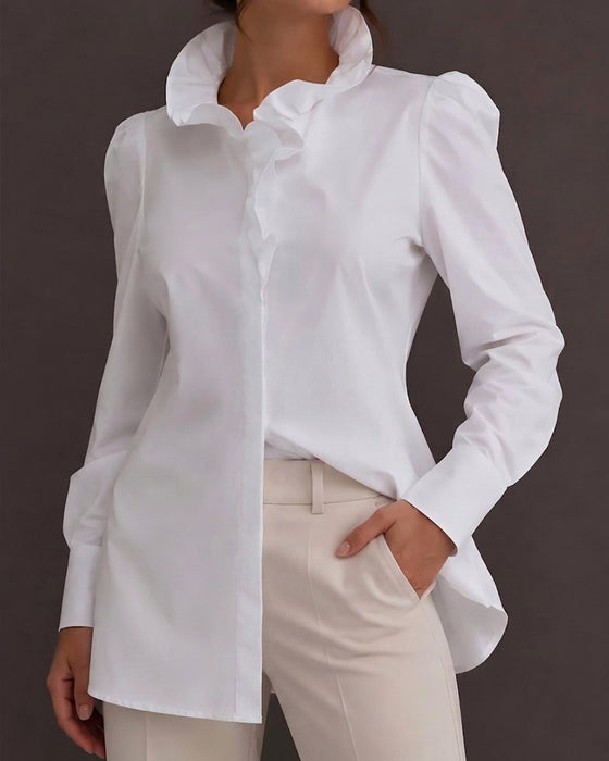 Ruffle Trim Long Sleeve Puff Sleeve Blouse