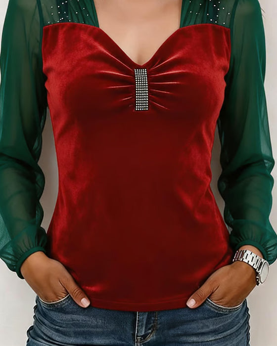 V-Neck Ruched Mesh Color-Block Slim-Fit Blouse
