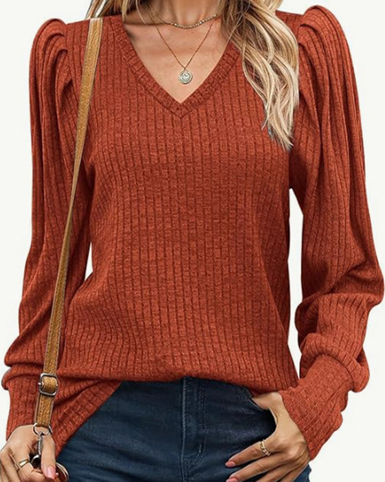 V-neck solid color long-sleeved top