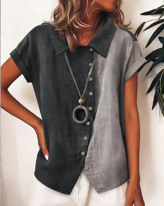 Lapel Color Block Short Sleeve Shirt