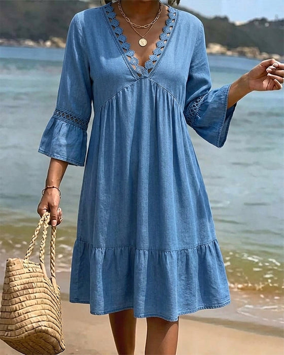 V-Neck Flared Sleeve Shirred Dress