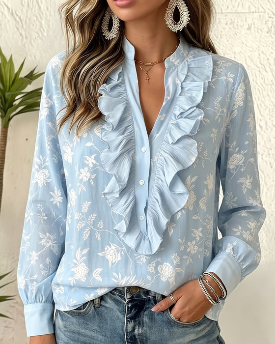 Button Front Ruffle V-Neck Puff Sleeve Blouse