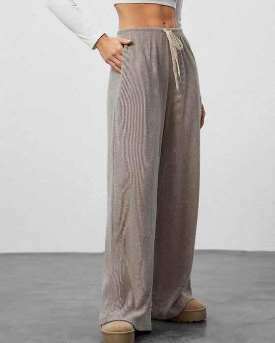 Solid Drawstring Wide-Leg Long Pants