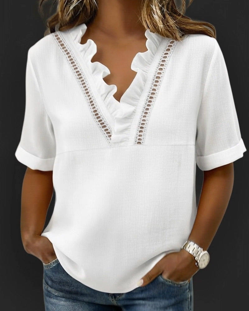 Hollow V-Neck Ruffled Short-Sleeved Blouse