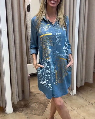 Letter-Print Long-Sleeved Shirt Dress