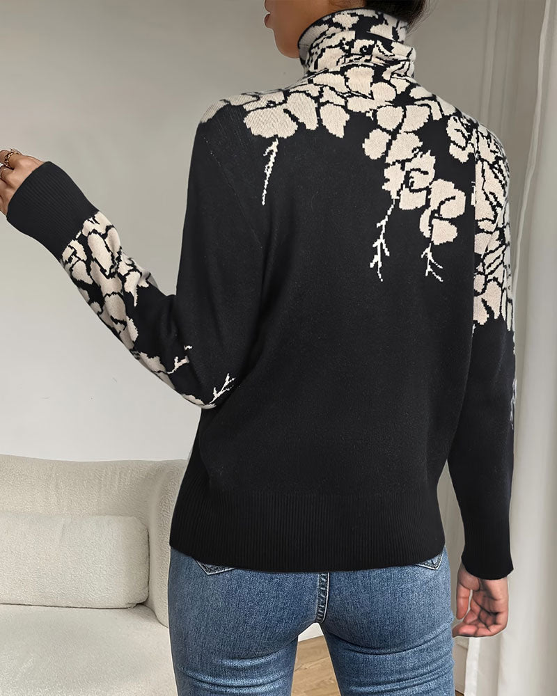 High Neck Floral Jacquard Pullover