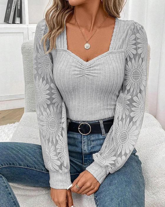 Square Neck Pleated Ribbed Top