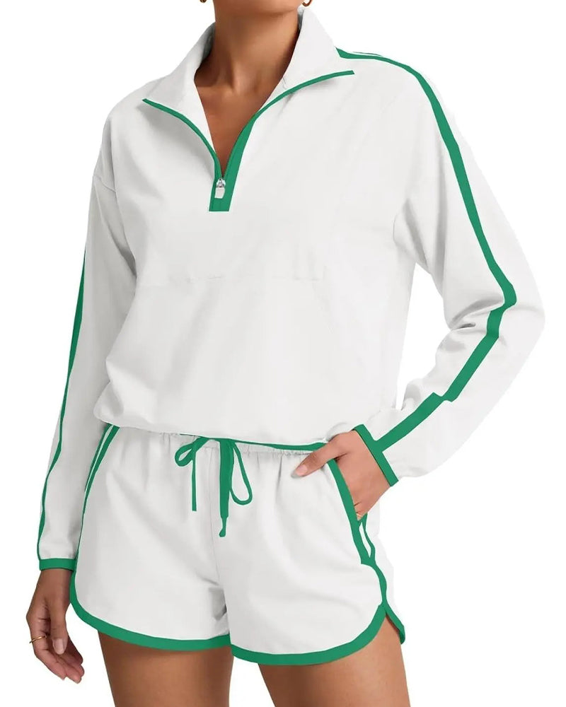 Zipper-Drawstring Color-Block Casual Set
