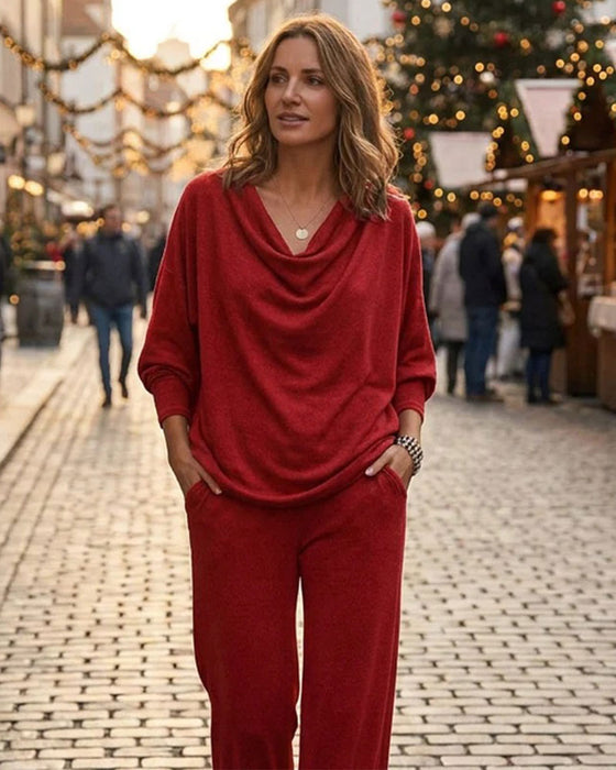 Draped Mock Neck Solid Casual Set