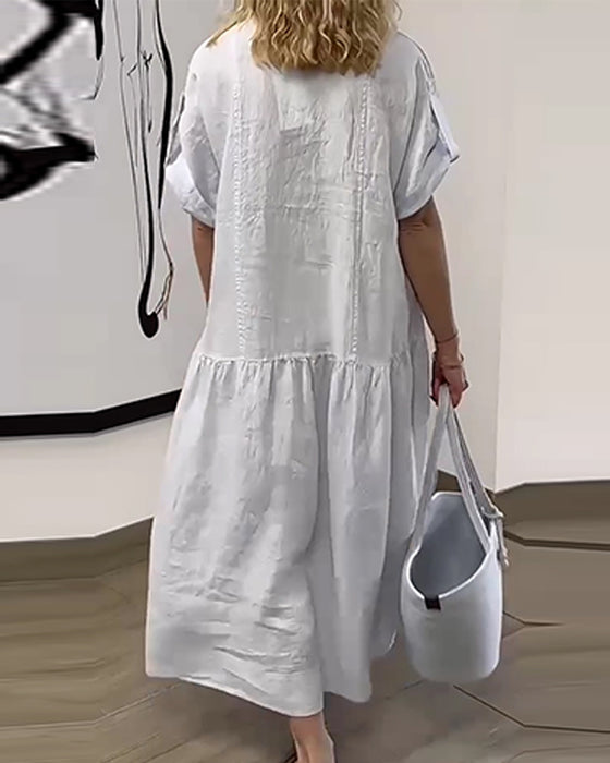 V-Neck Button Pleated Full Skirt Dress