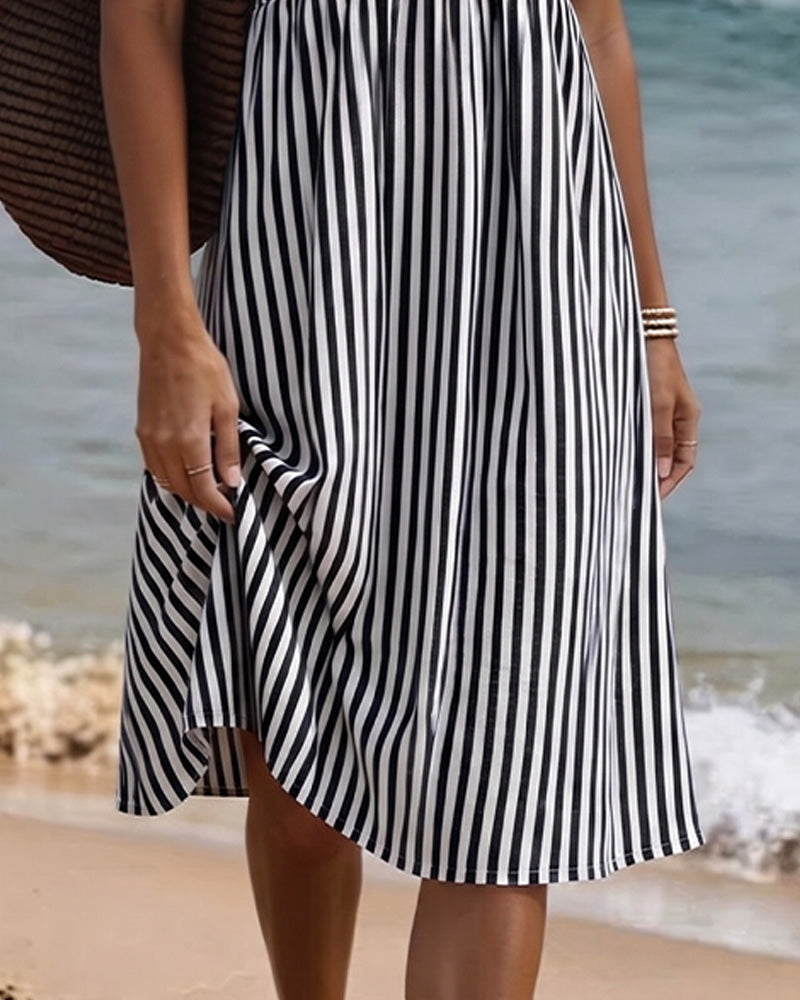 Vertical Stripe Babydoll V Neck A Line Dress