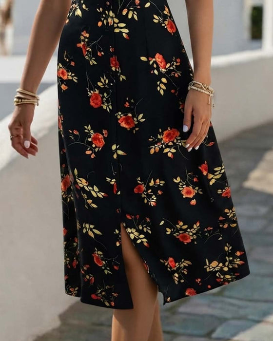 Floral V-Neck A-Line Dress With A Slit