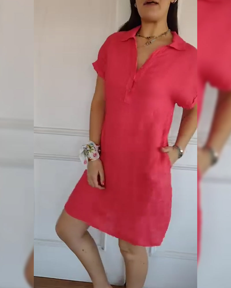 Button-Down Collar Short-Sleeved Solid Color Dress