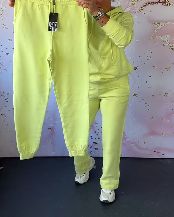 Solid color hooded sweatshirt pants two piece set