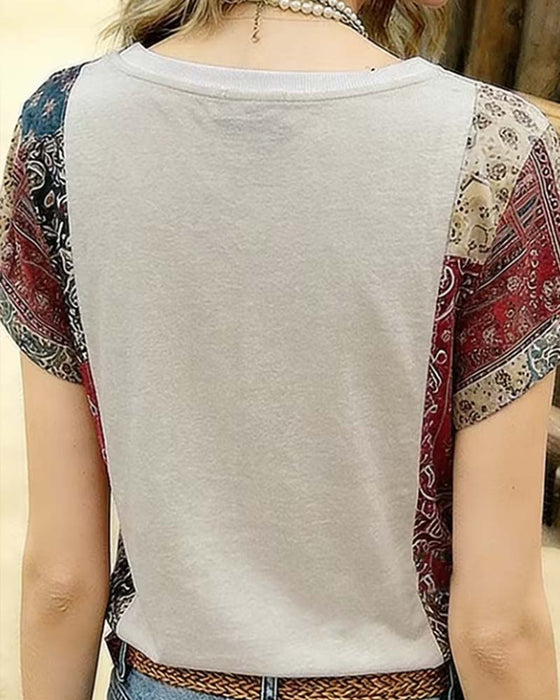 V-Neck Short-Sleeve Patchwork T-Shirt