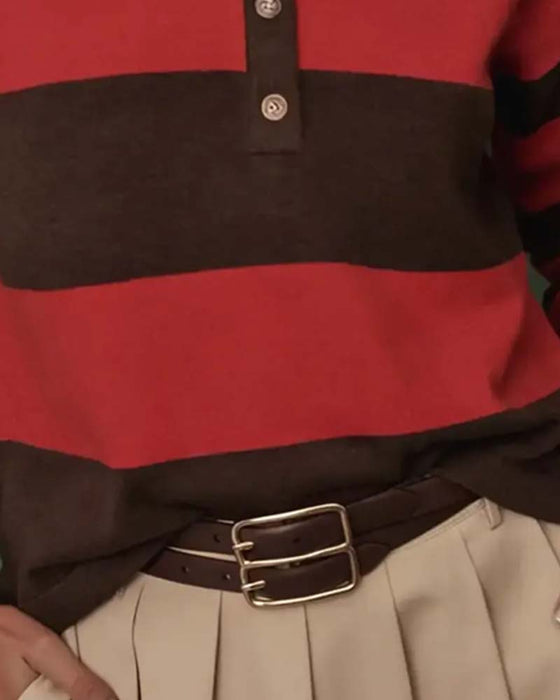 Wide Striped Buttoned Lapel Pullover