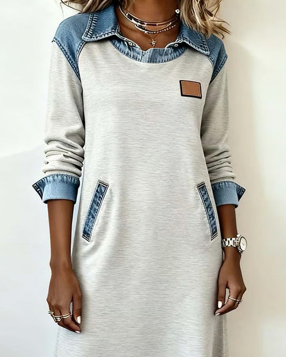 Casual Lapel Denim Patchwork Dress