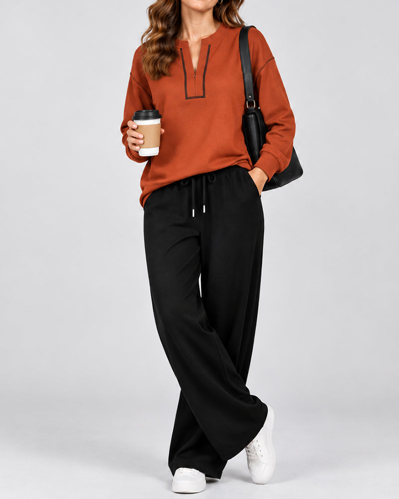 V-Neck Line Wide-Leg Long Sleeve Set