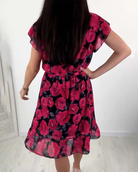 Short-sleeved rose print dress