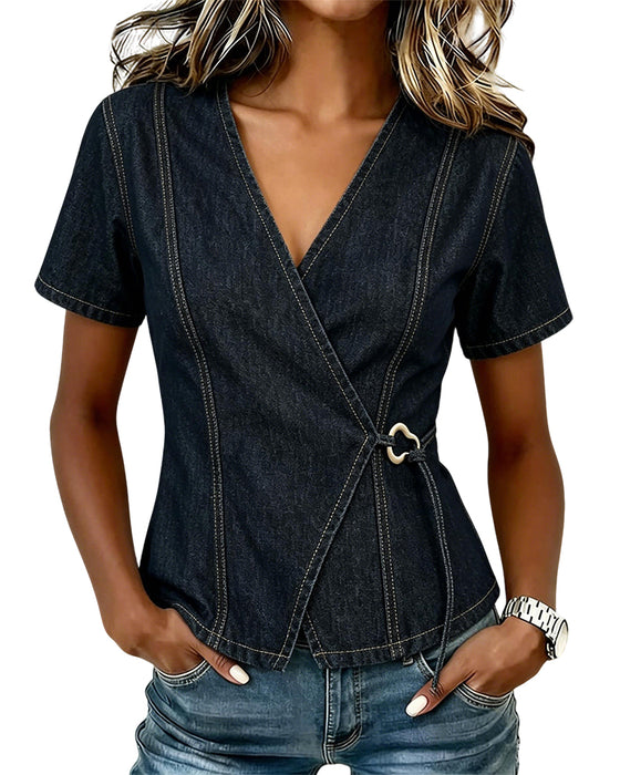 Irregular Lace-Up Denim Blouse