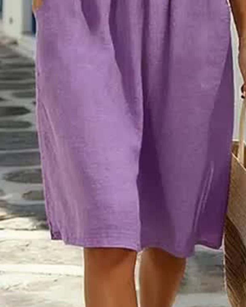 Pure Cotton Short-Sleeved V-Neck Pleated Dress