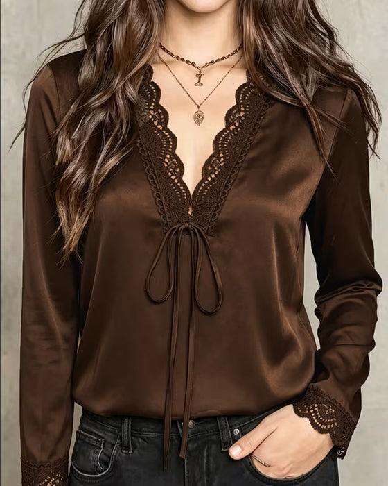 Long Sleeve V-Neck Lace Patchwork Blouse