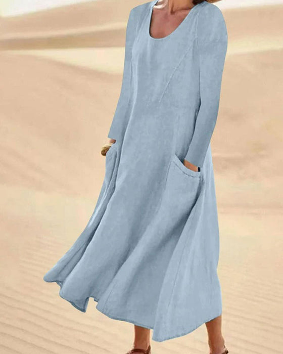 Solid Long Sleeve Crew Neck Dress