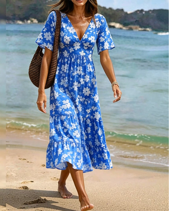 Deep V-Nee Pleated Print Dresses
