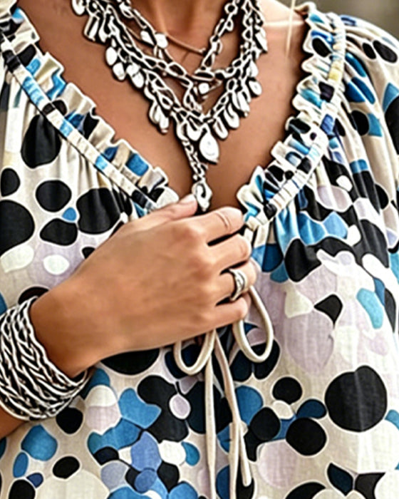 V-Neck Polka Dot Lace Up Blouse
