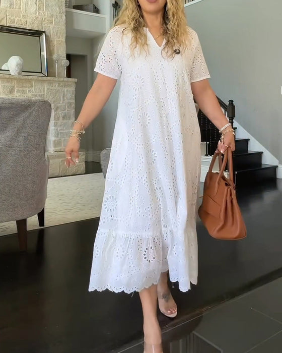 V Neck Hollow Out Ruffle Trim Solid Color Dress