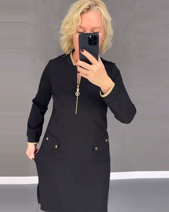 Stand collar contrast zipper shift dress