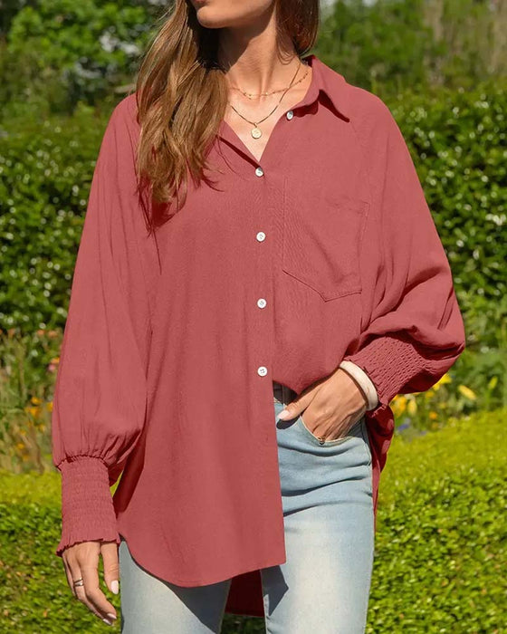 Loose Pocket Solid Elastic-Cuff Blouse