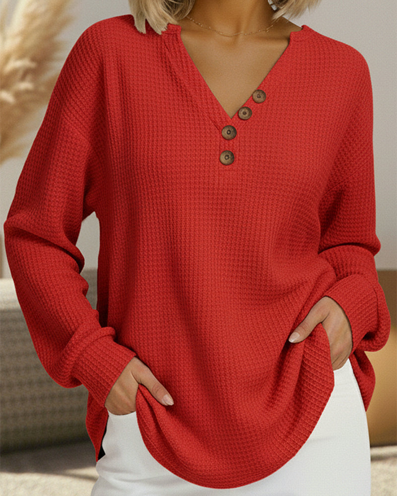 V-Neck Waffle Knit Casual Top