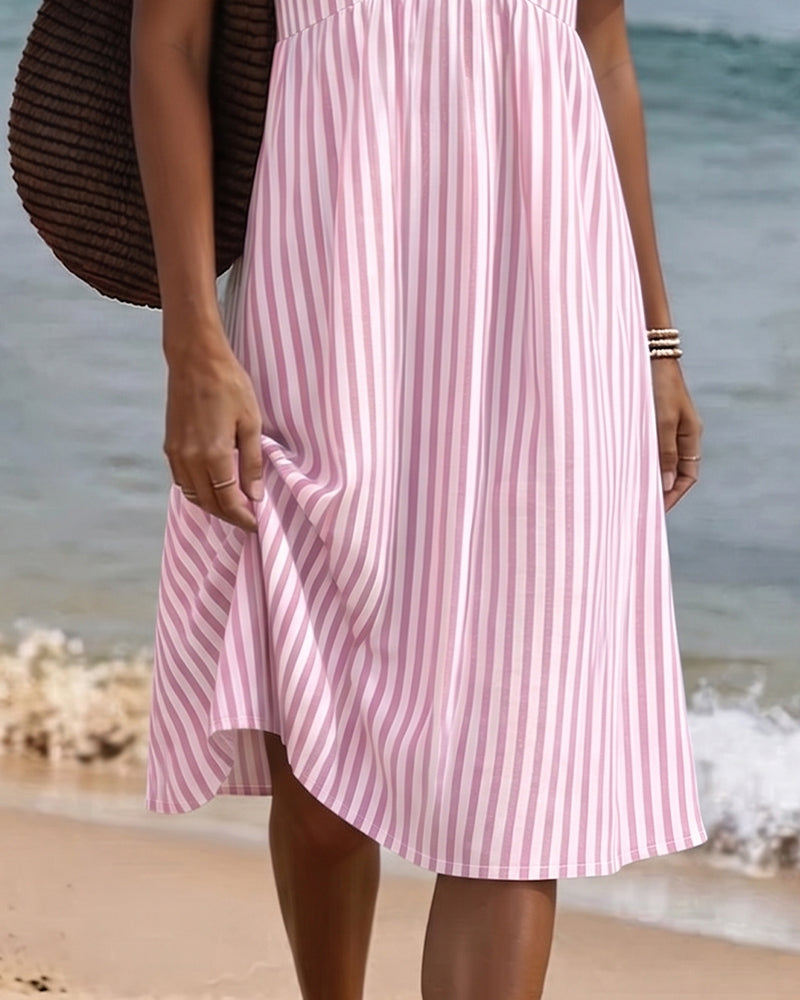 Vertical Stripe Babydoll V Neck A Line Dress