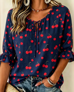 Cherry Print Tie 3/4 Sleeve Blouse