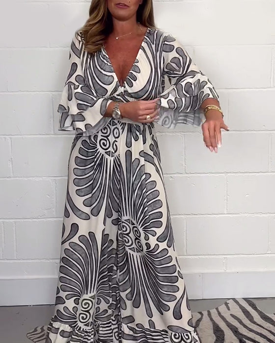 Deep V retro printed bell sleeve loose jumpsuit
