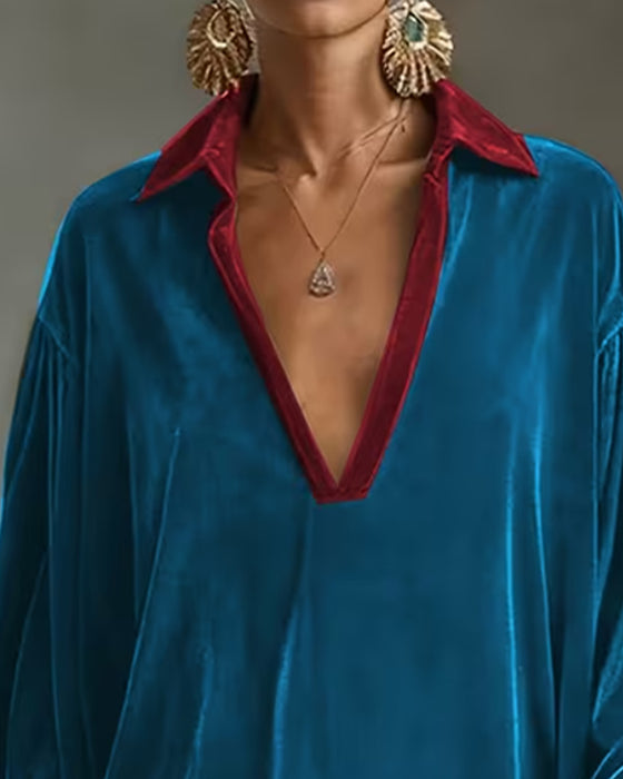 V-Neck Lapel Contrast Fringe Dress