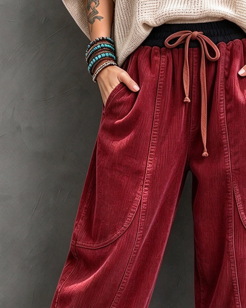 Elastic Waist Color-Block Cropped Wide-Leg Pants