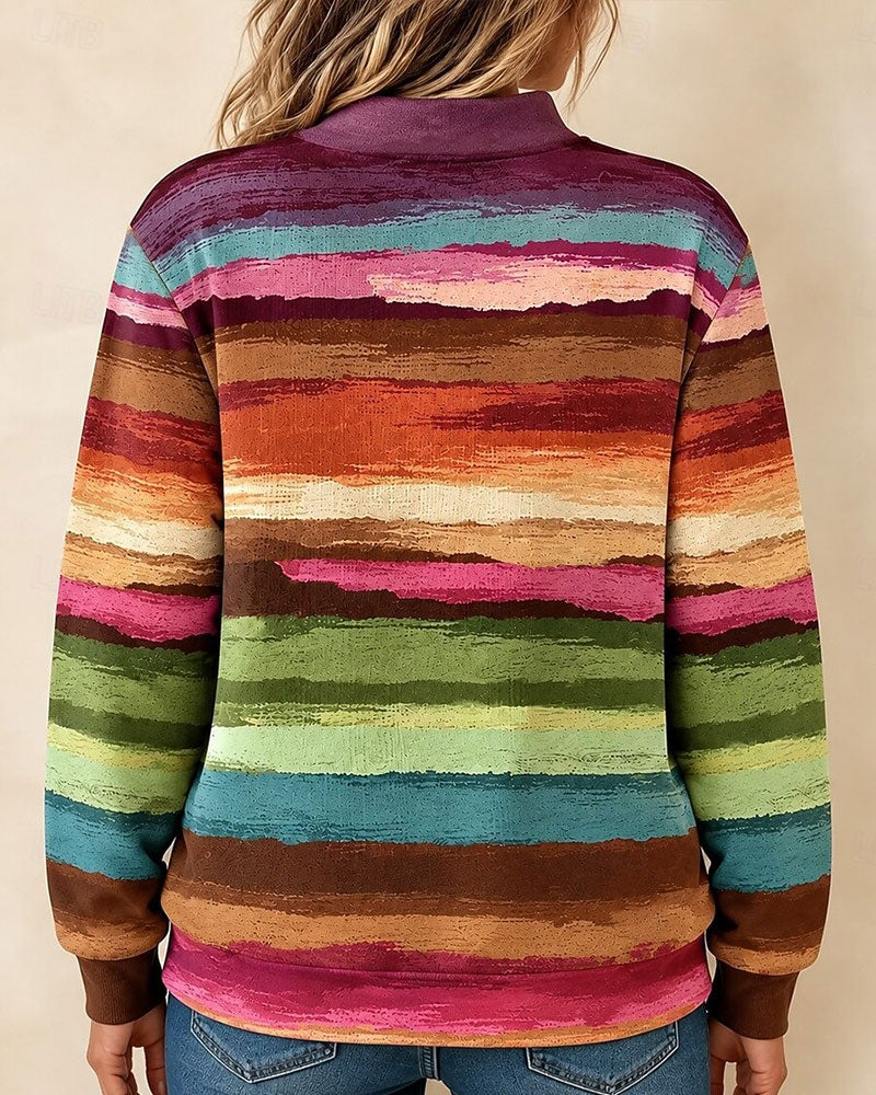 Vintage Colorful Striped Half Zip Stand Collar Long Sleeve Sweatshirt