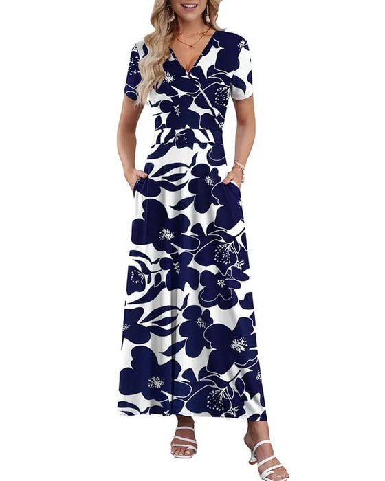V-Neck Printed Short-Sleeved Dress
