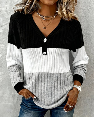 V-Neck Striped Color-Blocked Top